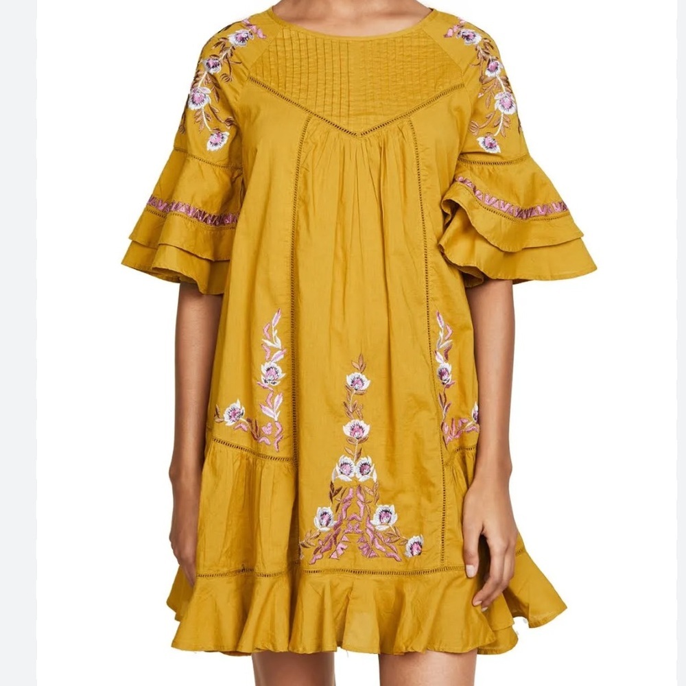 Free People Pavlo Embroidered Babydoll Mini Dress Mustard Boho XS